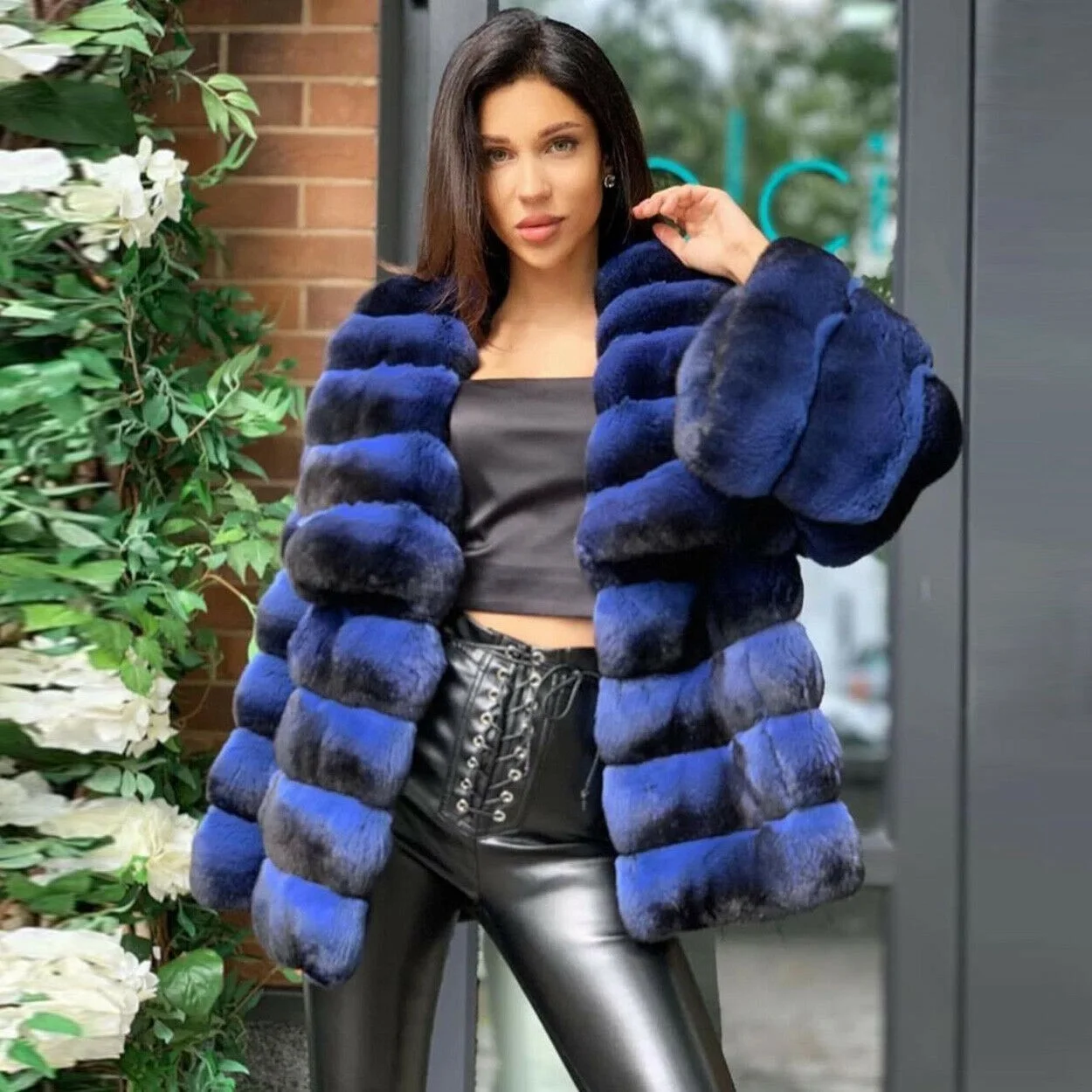 Trendy Mid-length Rex Rabbit Fur Jacket Natural Women Winter New Full Pelt Genuine Rex Rabbit Fur Coat with Big Turn-down Collar