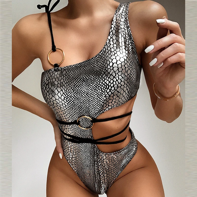 Сексуальный слитный купальник Misswim с пряжкой женское серебристое бикини принтом