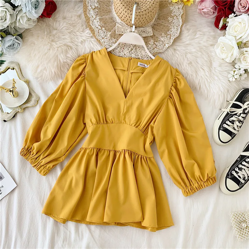 

2020 Spring Women Tops Blouses Solid V Neck Lantern Sleeve Blusas Mujer OL Fashion Elegant New Shirts