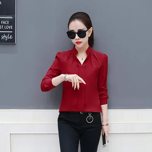 

New 2020 Spring Autumn Tops Women Slim Pink Shirts Casual Long Sleeve V-neck Solid Blouse Fashion Womens Chiffon Work Blouses