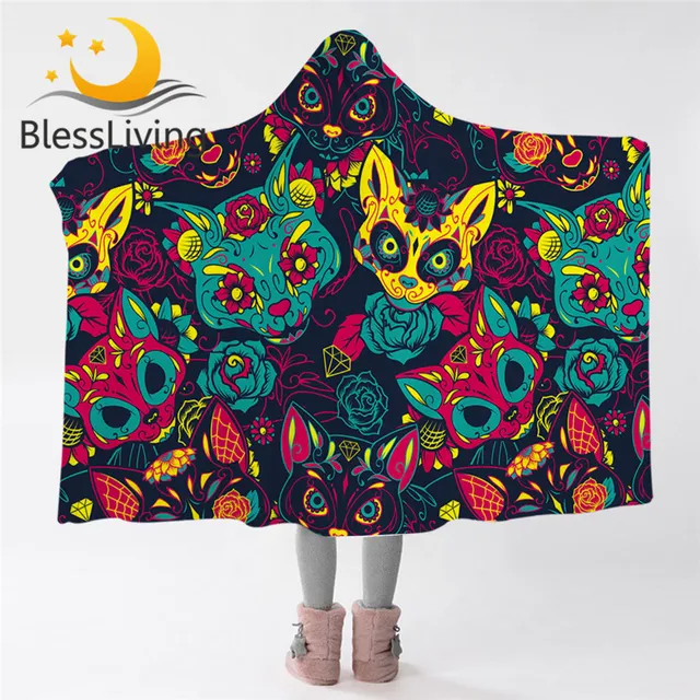 BLessliving Floral Fox Hooded Blanket for Adult Sugar Skull Microfiber Sherpa Fleece Blanket Rose Wearable Throw Blanket Bedding 1