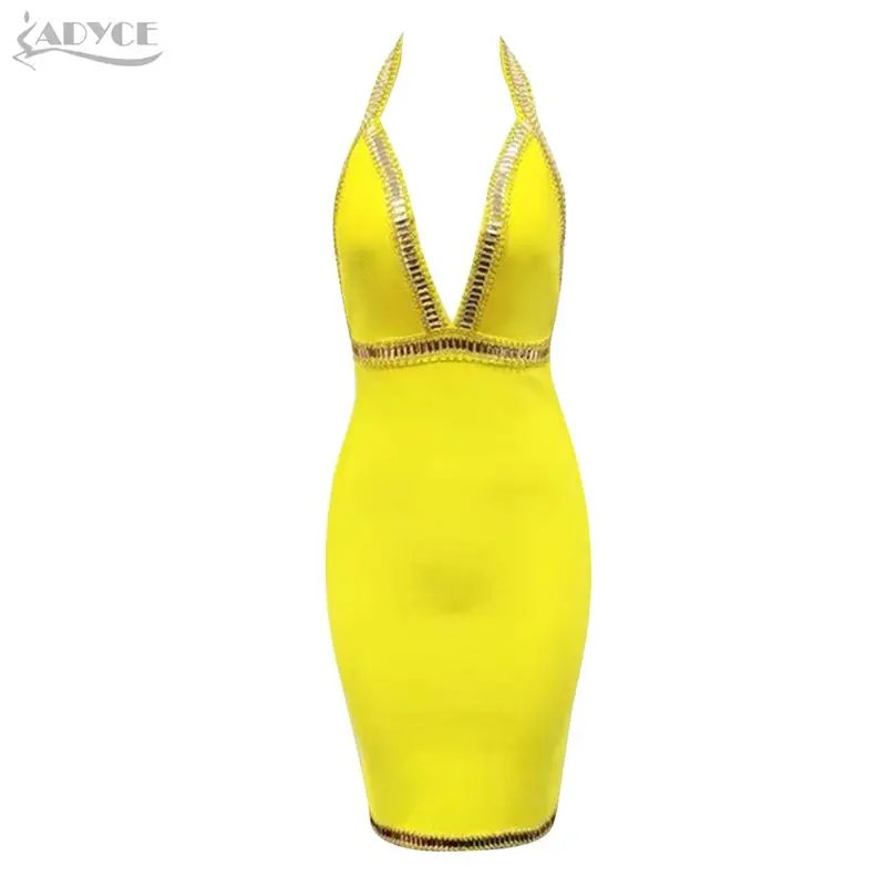 Yellow Adyce новое летнее облегающее Клубное Бандажное платье с блестками, Женский соблазнительный комбинезон на бретелях, без рукавов с глубоким v-образным вырезом, вечернее платье знаменитостей - Цвет: Yellow