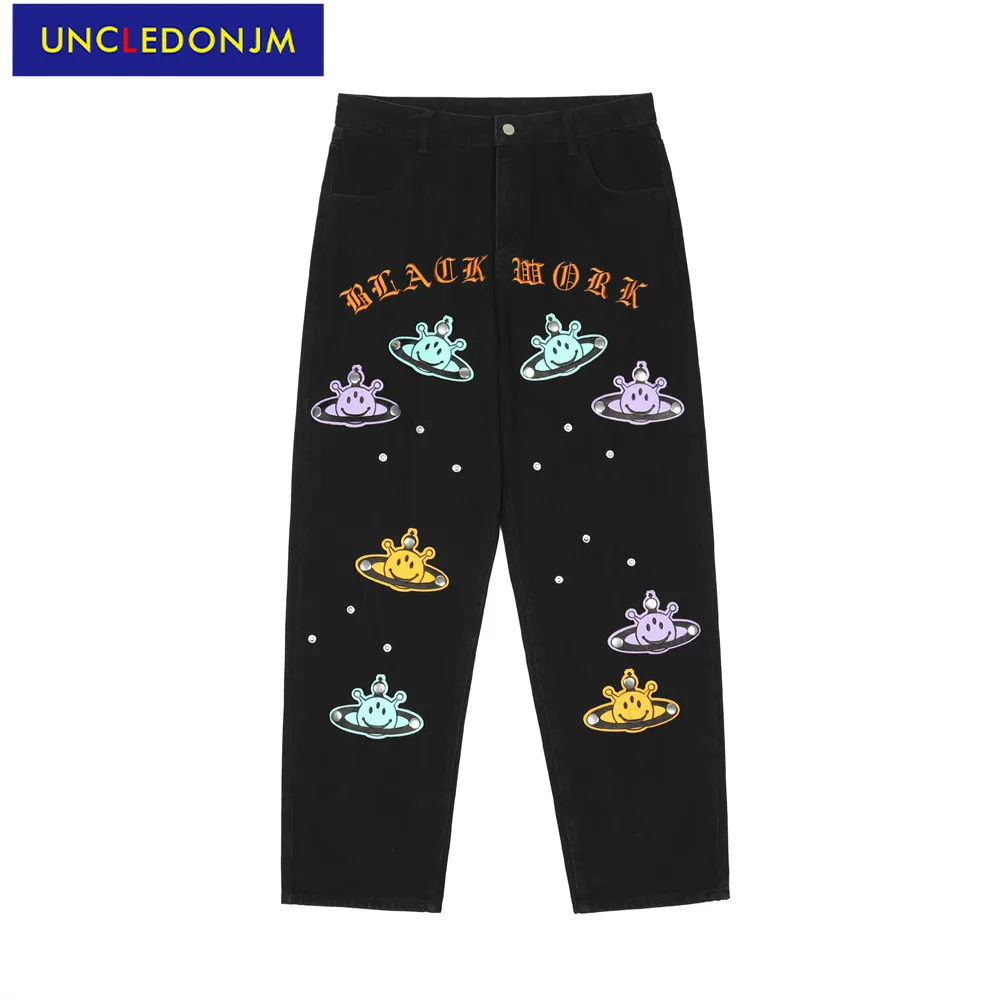 

UNCLEDONJM 2021 new cartoon patch jeans men women Harajuku oversized straight pants casual trousers hip hop biker jeans 5001