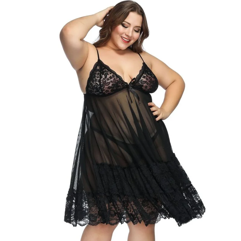 Plus Size Women Lace Lingerie Erotic Nightwear Nightdress See Though Babydoll Mesh Dress Sleeveless V-neck Femme Sleepwear