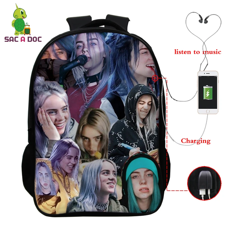 Шоколад Billie Eilish рюкзак, школьные сумки, 16 дюймов, Детские рюкзаки, детский рюкзак для девочек, рюкзак для путешествий, рюкзак с USB зарядкой - Цвет: Шоколад