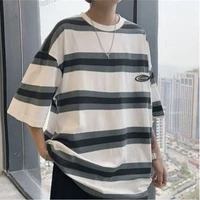 cotton t shirt for men oversized striped harajuku short sleeve o neck japan style fashion unisex hip pop male clothing vintage