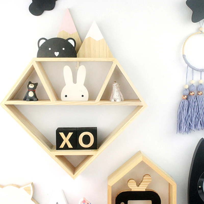 

Стеллаж для приема предметов, Стеллаж с алмазным рисунком, без отверстий, настенное украшение для детской комнаты, спальни, деревянное укра...
