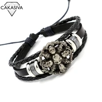 vintage punk style studded leather bracelet 925 silver skull beaded hand woven leather bracelet jewelry for men and women