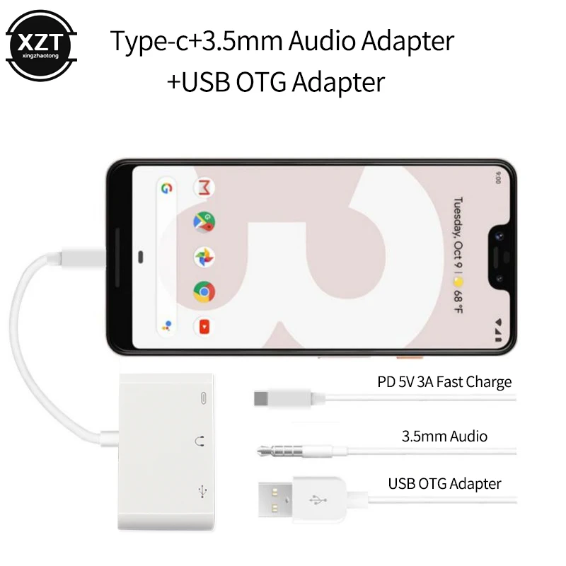 Аудиокабель 3 в 1 с Type-C на 5 мм + адаптер USB OTG кабель для быстрой зарядки конвертер