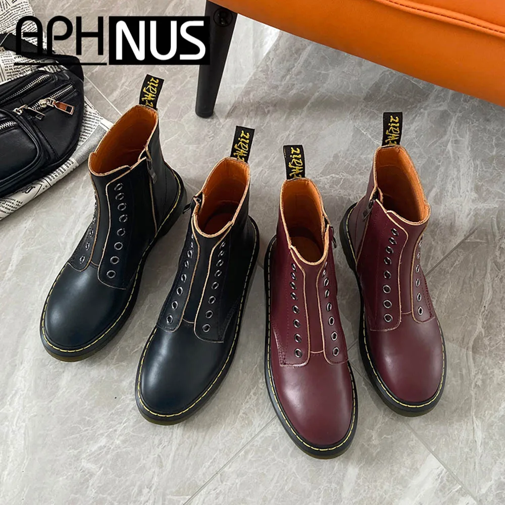 

APHNUS Womens Boots Motorcycle Short Ankle Booties Flats Low Mid Heels Pumps Woman 2020 Shoes For Women New Boot