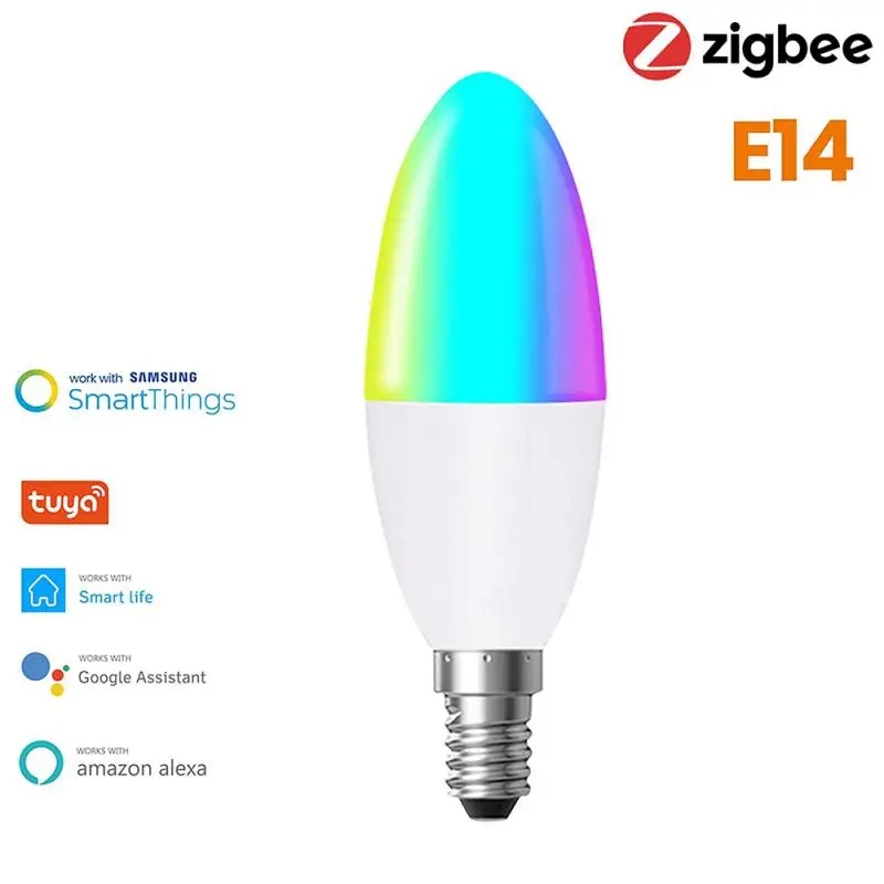 

Умная лампа Tuya, Wi-Fi, светодиодная лампа E14 Zigbee 3,0, 5 Вт, RGB + CW, с регулируемой яркостью, с управлением голосом, с помощью приложения
