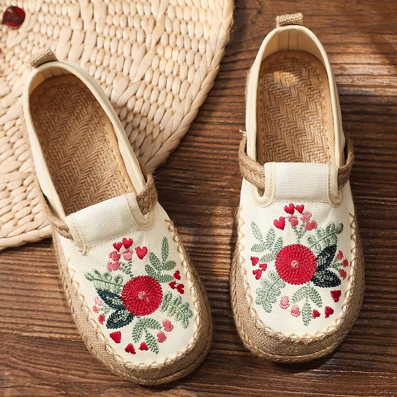 

Flats Women Shoes 2021 New Cotton Linen Embroider Retro Concise Round Toe Flower National Style Handmade Ladies Shoes