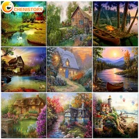 chenistory oil painting by number town landscape for drawing adult kit on canvas with frame acrylic handpainted paint home decor