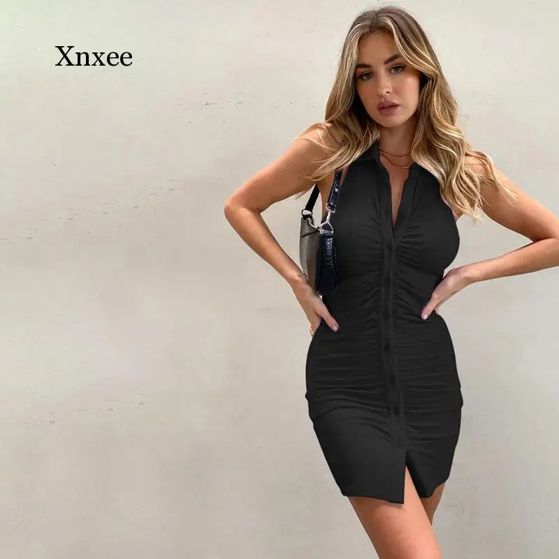 

Lapel Folds Backless Pencil Single-Breasted Mini Shirt Dress Sleeveless Casual Sexy Elegant Solid Slim Summer Dresses 2021 New