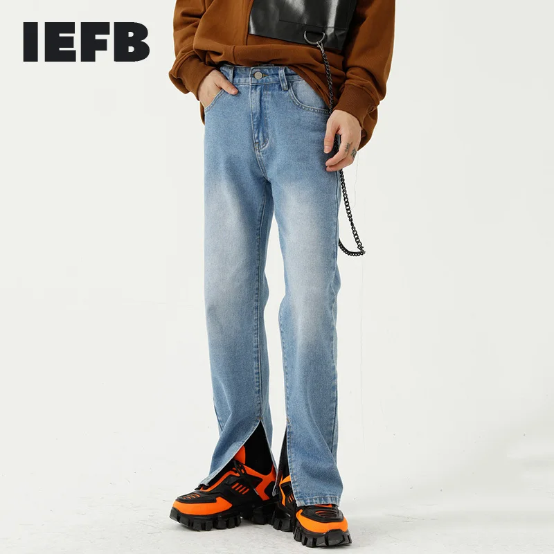 

IEFB Men's 2021 Autumn Winter New Korean Style Pants Leg Split Design White And Blue Trousers Zipper Straight Casual Jeans9Y8622