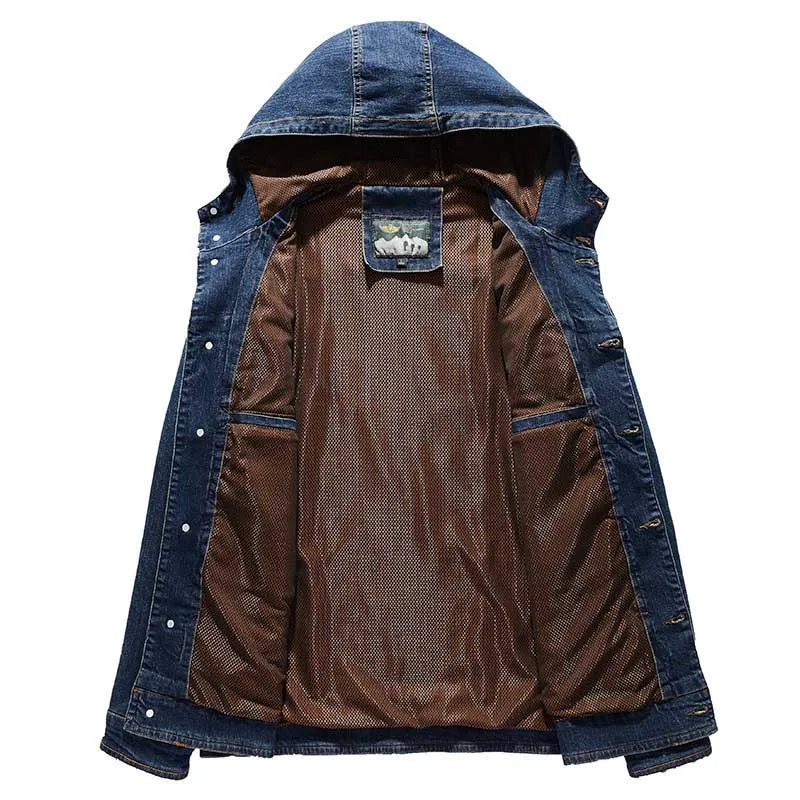 

KIOVNO Men Cargo Casual Hooded Denim Jackets Multi Pockets Solid Color Jackets Coats For Male Size M-5XL Blue