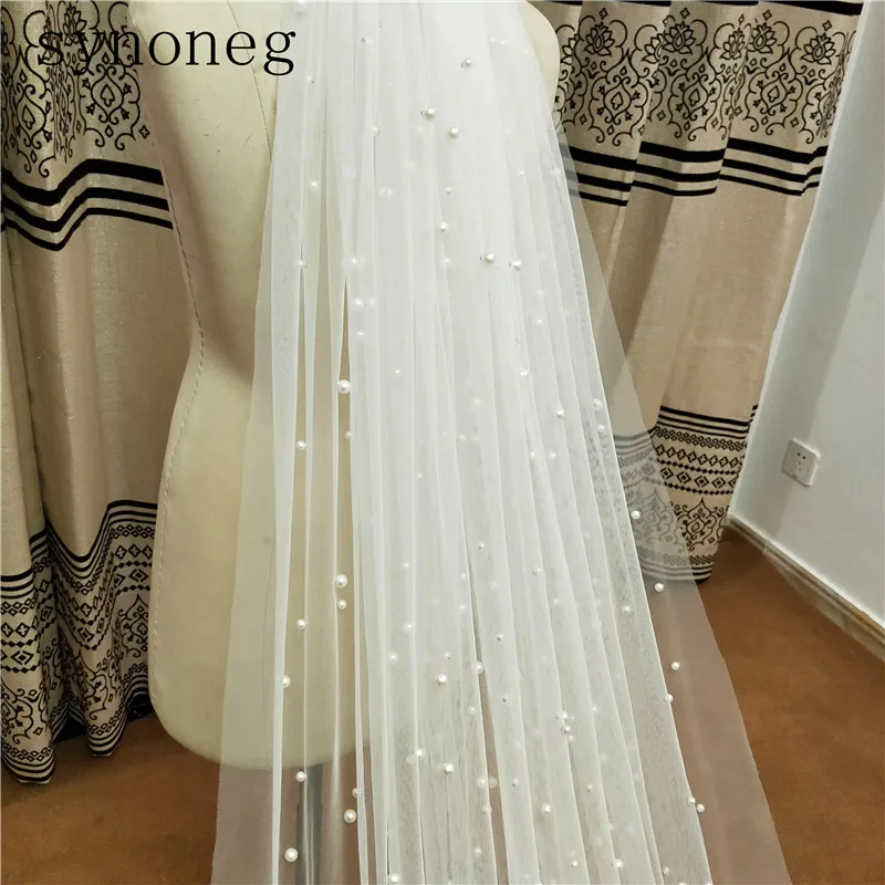 New Arrival Hot Sale White/Ivory Bridal Veil With Comb One Layer Cathedral Royal Pearl Wedding Veu de