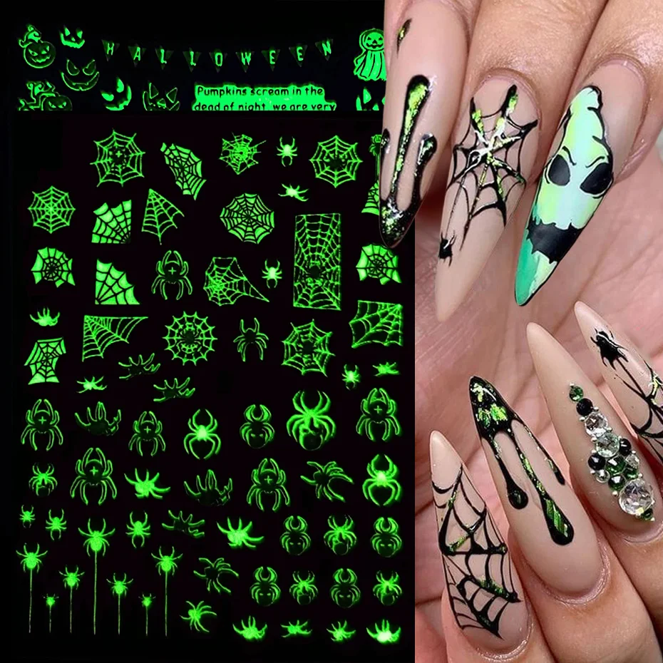 3D Luminous Nail Stickers Decals Spider Web Halloween Black White Glowing in the Dark Nail Art Sliders Foils Tattoo TRCY046-054