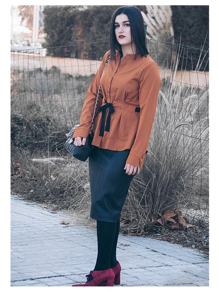 Dotfashion Camel, Женская однотонная блузка с завязками на талии, топы и блузки с длинным рукавом, v-образный вырез,, осенняя одежда, рубашка с планкой
