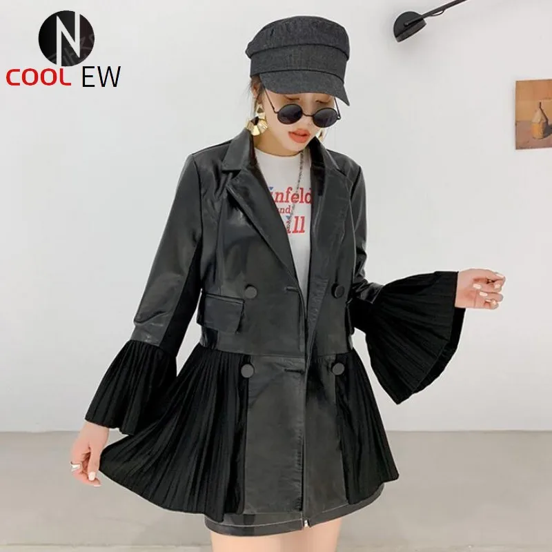 

High Street Womens Double Breasted Slim Fit Genuine Leather Jackets Fashion Long Flare Sleeve Pleated Sheepskin Coats Plus Size