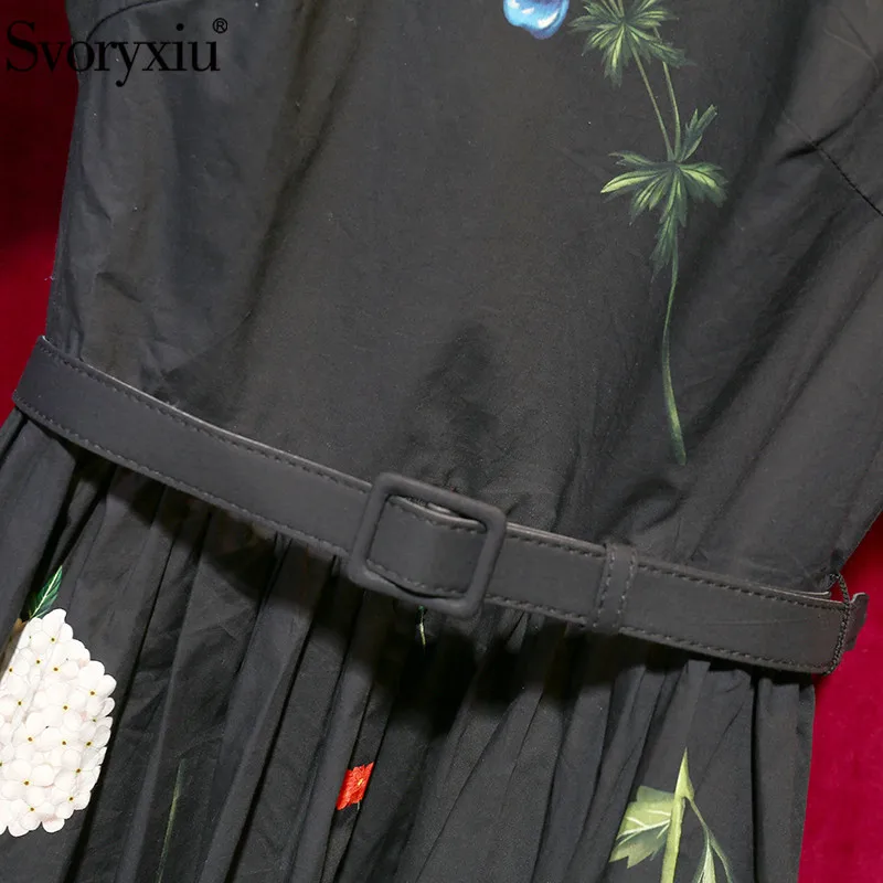 

Svoryxiu Designer 2021 Summer Black Elegant Vintage Long Dresses O-Neck Floral Print belt Slim Gorgeous Prom A-Line Woman Dress