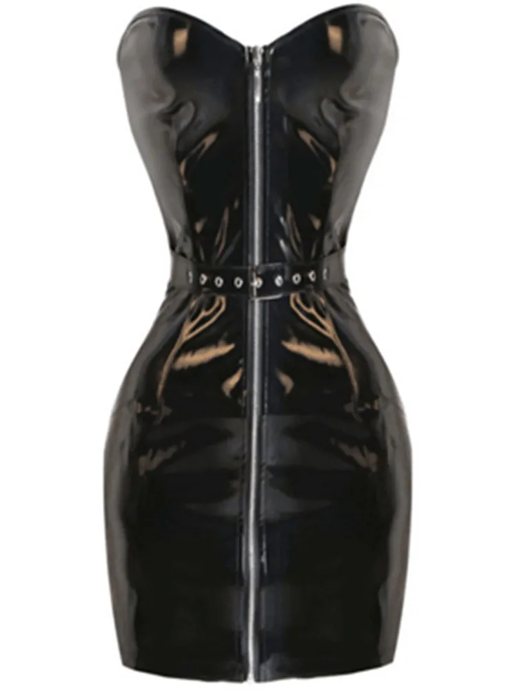 Женское платье из искусственной кожи черное облегающее без рукавов на молнии ПВХ