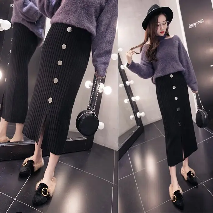Женская Осенняя трикотажная юбка с высокой талией теплая элегантная вязаная в