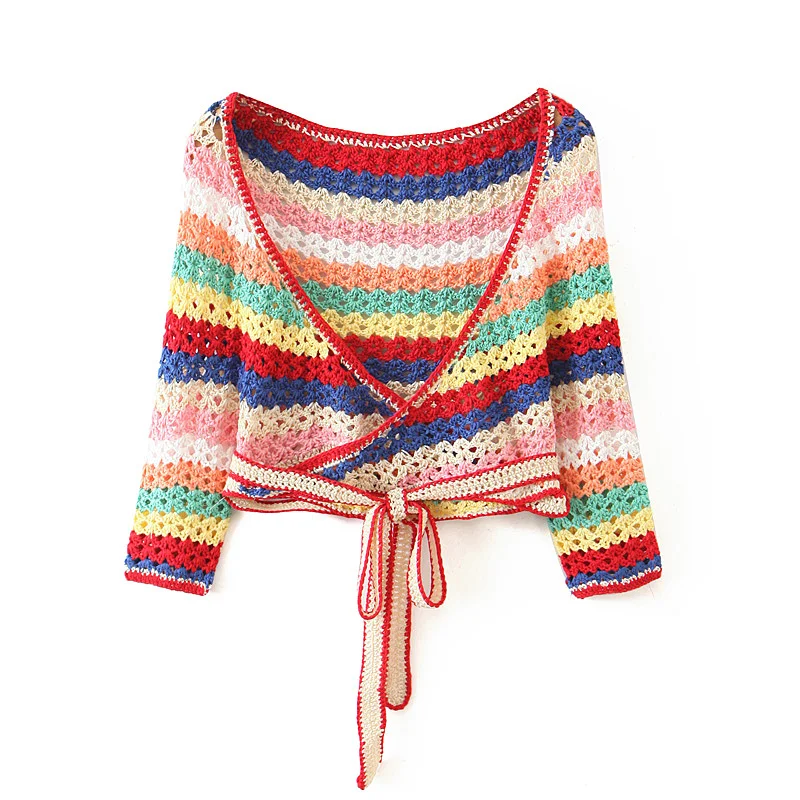 2020 BOHO Lacing up Colored Striped Hand crochet Cardigan Sweater Women Bandage Mini Short Skirt Half Sleeve Tops 2 Pieces Set | Женская
