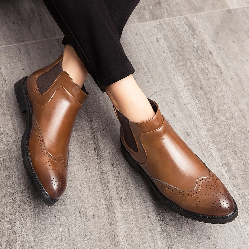 

Men Chelsea Boots Spring Autumn leather High Help Classic Style Fashion Casual ankle Boots slip on brogue Men Shoes Botas Hombre