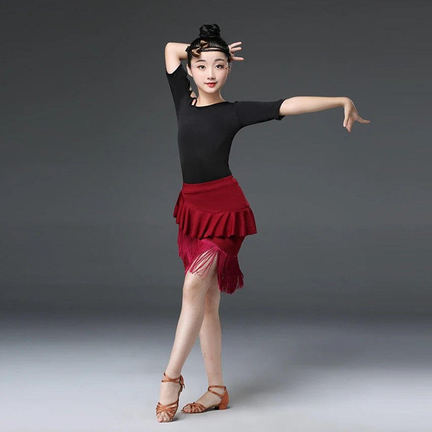 

New Jazz Dance Costume Summer Girl Short-sleeved Tassel Dance Skirt Children Professional Sexy Children Practice Costume