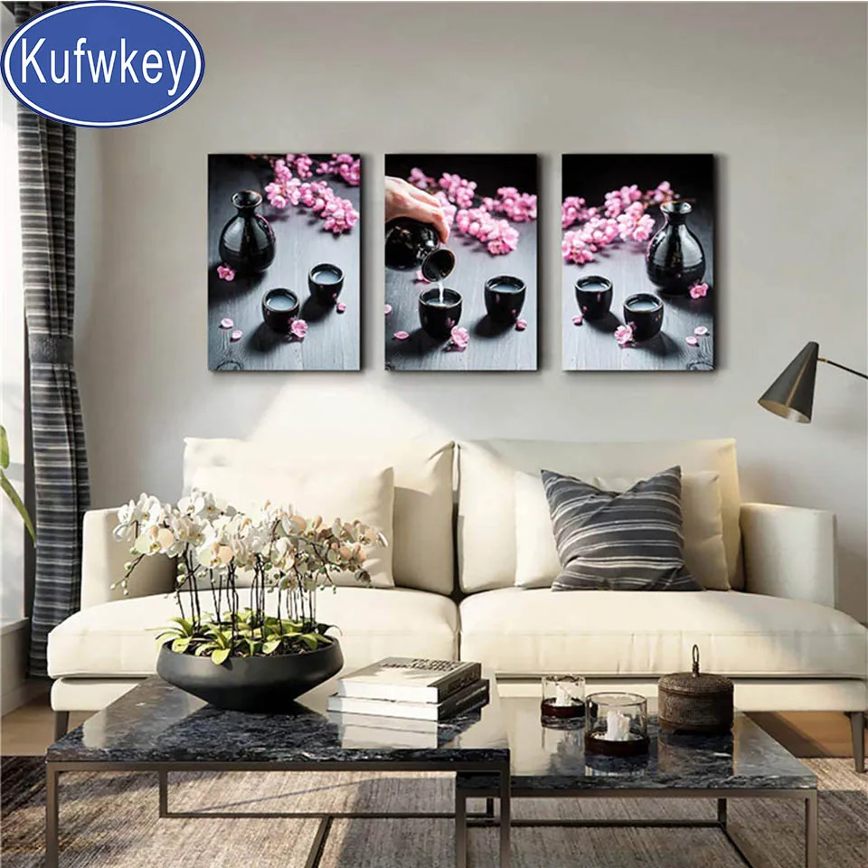 

DIY round diamond embroidery Liqueur,Tee Flora Diamond Painting Full square Romantic pattern cross stitch kits 3 piece,