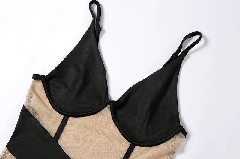 

New sexy suspender V-neck dress fashion contrast color perspective slim-fit mesh lace nightclub club ladies dress