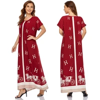 muslim women dress pullover printed red loose round neck short sleeve large swing robe 2022 summer middle east dubai long skirt