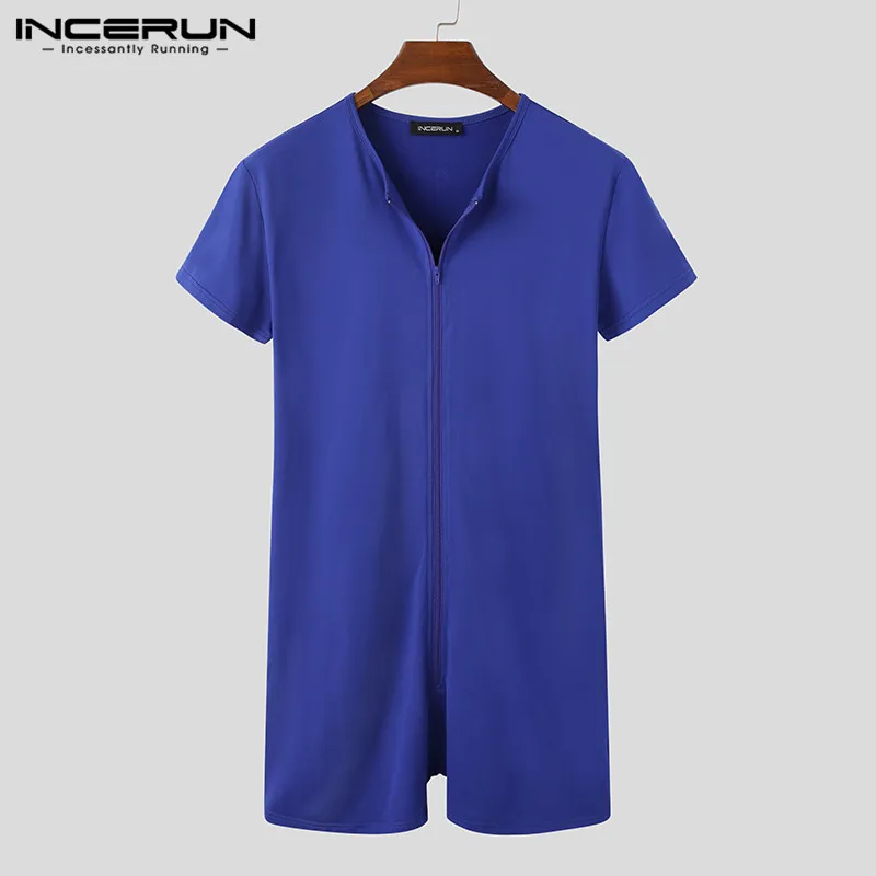 INCERUN Men Pajamas Rompers Solid Short Sleeve V Neck Zipper Fitness Leisure Homewear Playsuits Cozy 2022 Jumpsuit Sleepwear