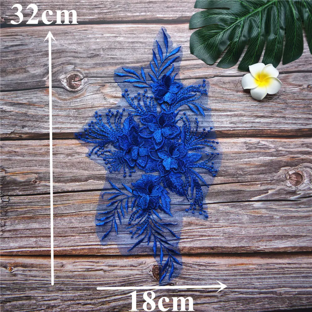 Ярко голубая кружевная ткань 3D Цветочная кисточка вышитый воротник сетчатая