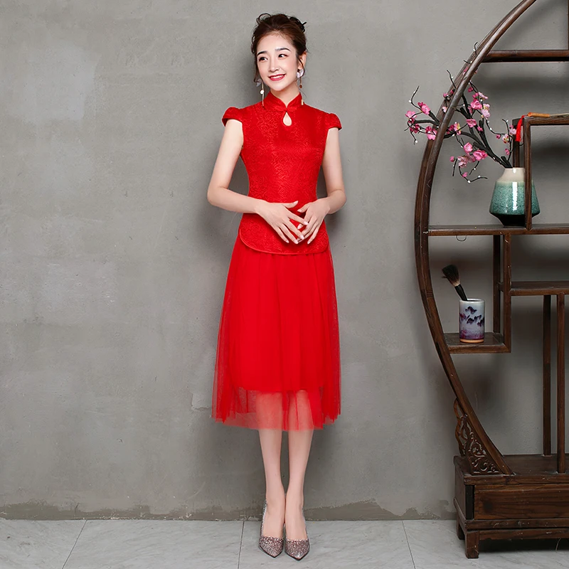 2 шт./компл. элегантные Чай-длина Винтаж традиционный Cheongsam красные платья для
