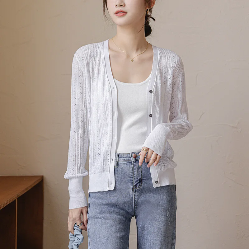 

Knitted Cardigan Sweater Women Summer Thin Air Conditioner Hollow Out Deep V Fashion Ice Fabric Female Top Knitwear Coat Outwear