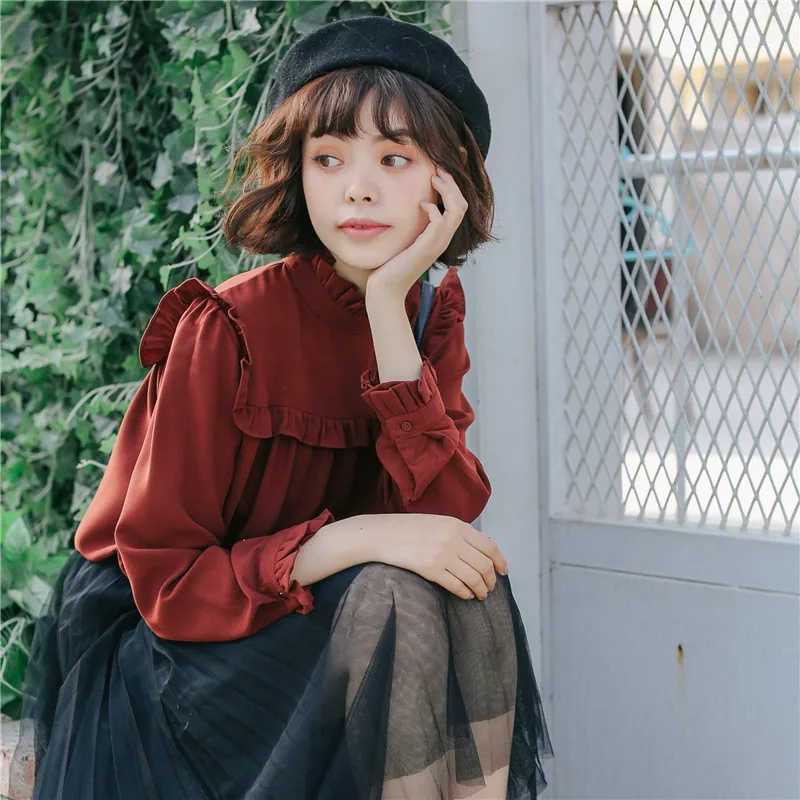 Однотонные свободные блузки 2018 Женские топы и со стоячим воротником длинным