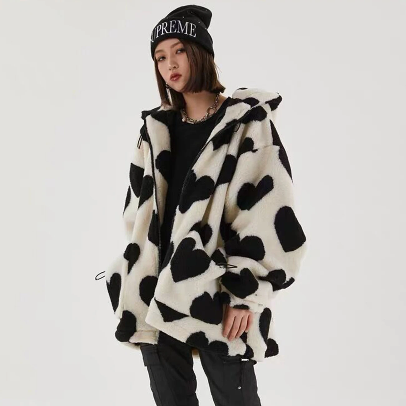 Женская фланелевая парка на молнии с капюшоном и принтом сердечек|Мужские парки|