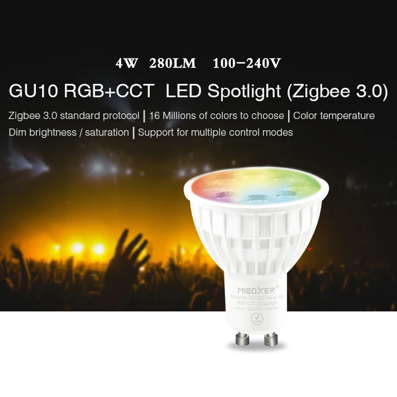 4W GU10 RGB + CCT LED Spotlight Zigbee 3.0 Smart Indoor Dimmable LED Lamp Light Bulb AC110V 220V Wireless Wifi APP Music Control