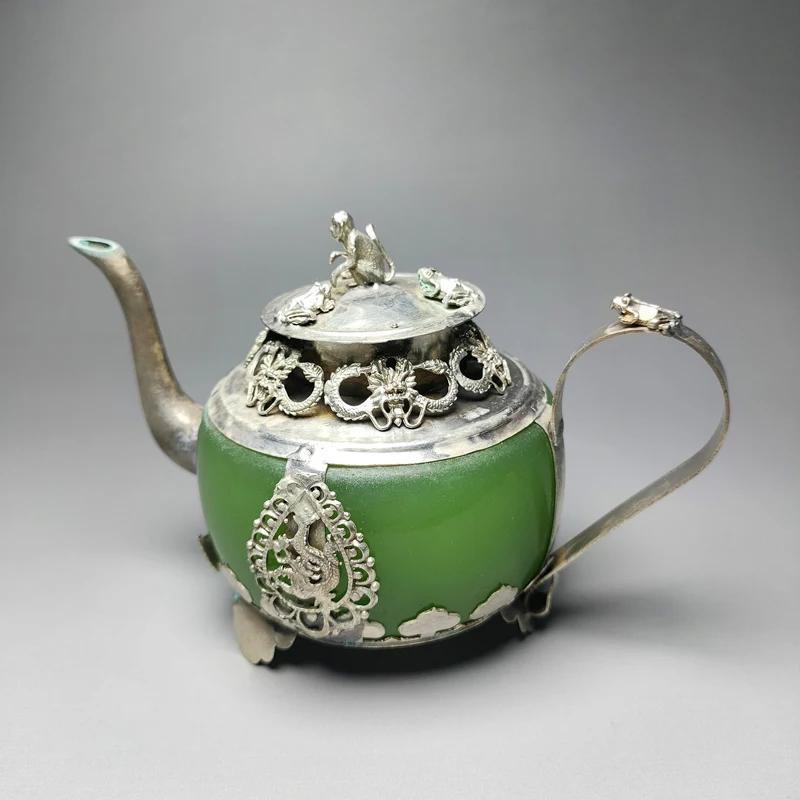 

Exquisite Chinese Collectible Decorated Classical Handmade Green Jade Stone Inlaid with Tibetan Silver Dragon Monkey Lid Teapot