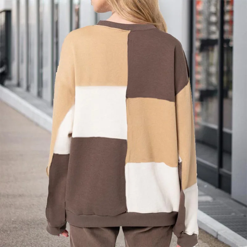 

Casual Hoodies Patchwork Color Contrast O-neck Long Sleeve Sweatshirts 2021 New Winter Fashion Women Sweatshirt Loose Pullovers