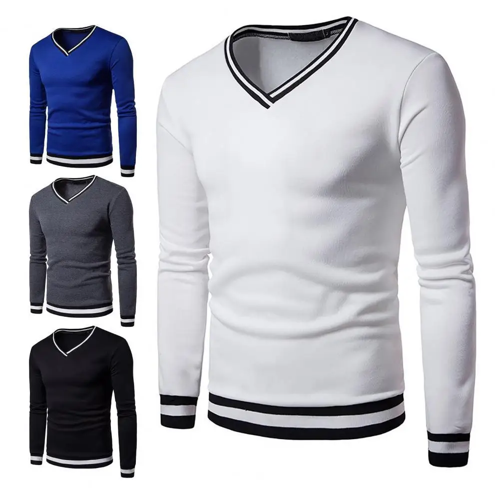 

Dropshipping Men Shirt V Neck Slim Stripe Contrast Colors Autumn Top for Home