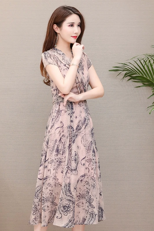 

COIGARSAM Women Dress Summer 2021 New Office Lady Short Sleeve Chiffon V-Neck Blue Pink Dresses Traf Vestidos Robe