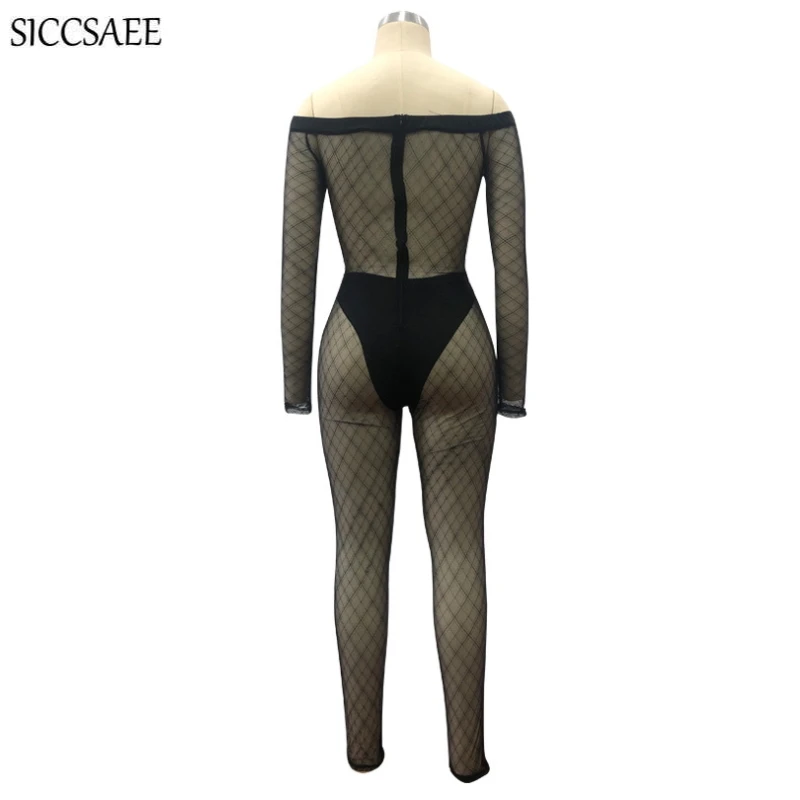 

Off Shoulder Mesh Crochet Bandage Rompers Womens Jumpsuit Backless Slash Neck Back Zip See Through Sheer Bodycon Bodysuit Sexy