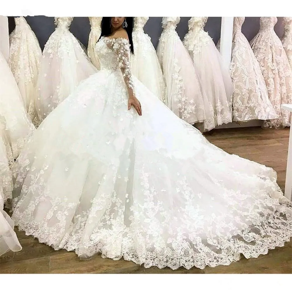 

Casamento Luxury 3D Flower Lace Wedding Dresses Full Sleeves Boat Neck Puffy Ball Gowns For Bridal Lace Up Robe De Mariee