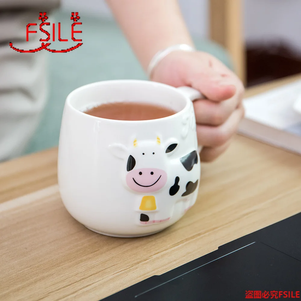 

414ML Exquisite Ceramic Cup Cartoon 3D Mug Creative Embossed Cow Coffee Cup Home Breakfast Cup Office Coffee Cup