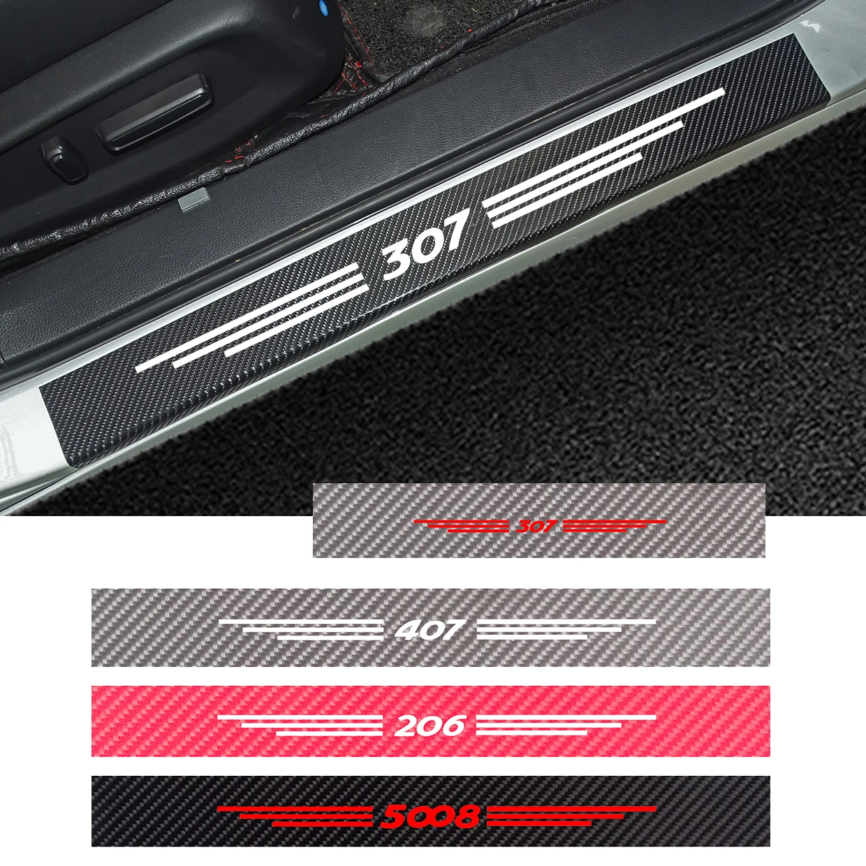 4 шт. углеродного волокна двери автомобиля Наклейка для порога Peugeot 307 206 308 407 207 3008