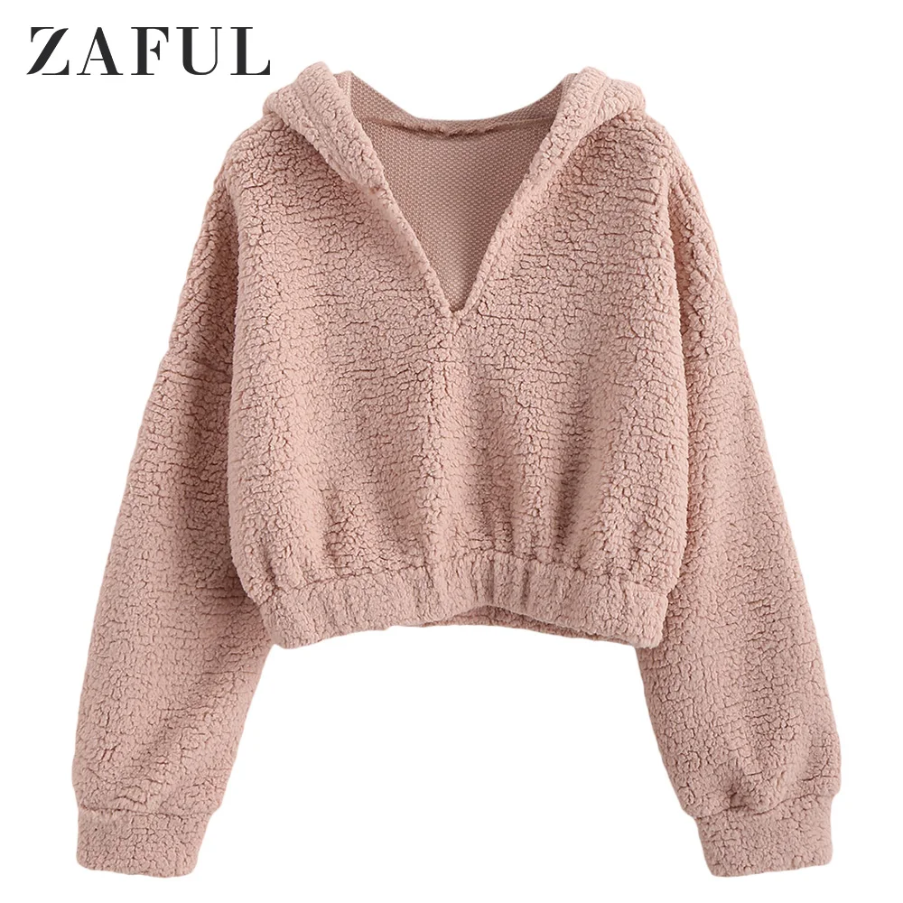 Rosy Brown Женская толстовка с капюшоном с искусственным стрижкой на плече от ZAFUL, короткие милые толстовки с v-образным вырезом, зимние толстовки с капюшоном, милые пуловеры - Цвет: Rosy Brown