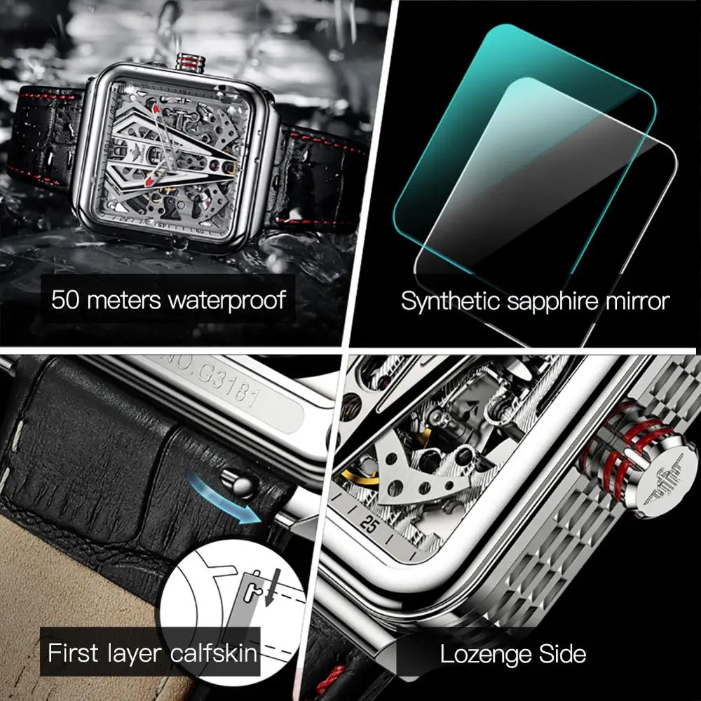 

OUPINKE Automatic Watch Men Skeleton Mechanical Watch Steampunk Sapphire Crystal Square Leather Transparent sports Wristwatch